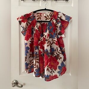 Maurices Floral Cotton Short Sleeve Top in White, Brown, Red